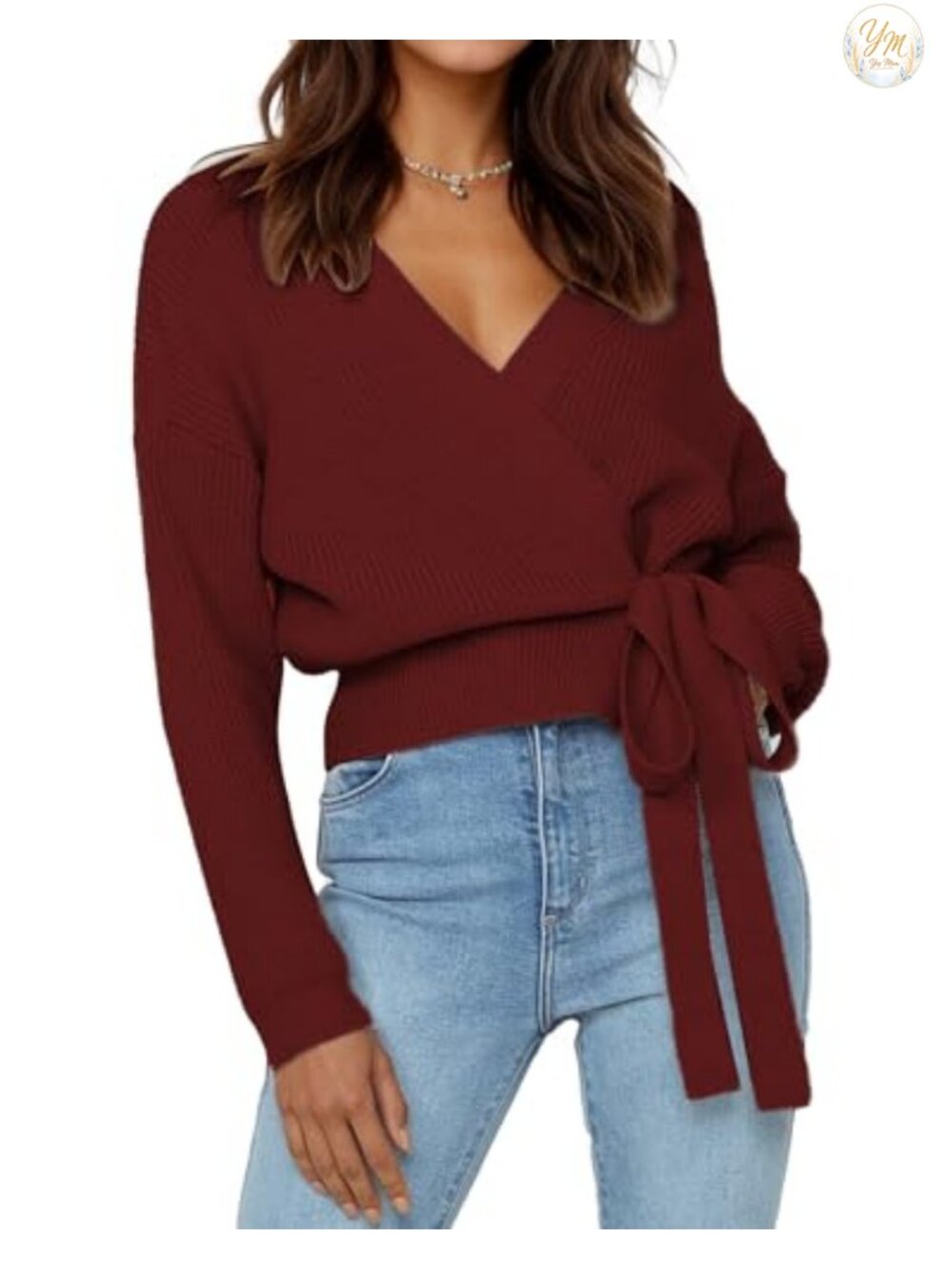 Women's Cropped Tie Front V Neck Ribbed Long Sleeve Sweater